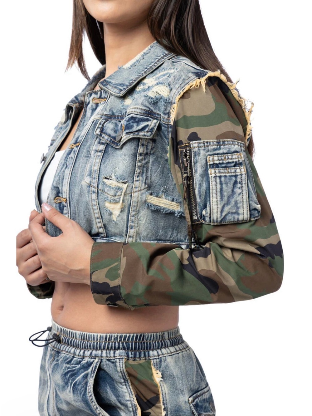 Smoke Rise brand cropped mixed media denim jacket.